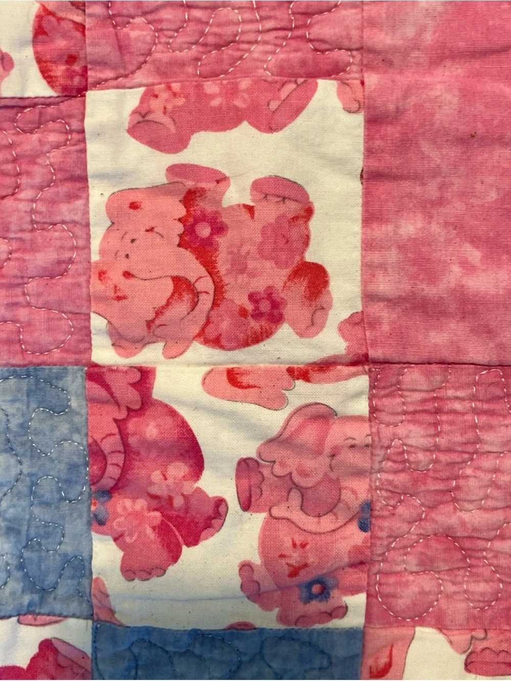 Handmade Pink Baby Quilt with Blue Accents